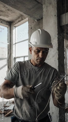 Wallpaper Mural Construction worker installing electrical wiring in a building site with a hard hat and gloves Torontodigital.ca