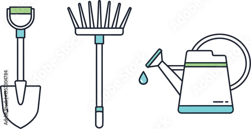 Minimalist line art illustration displaying essential gardening tools including a shovel a rake and a watering can