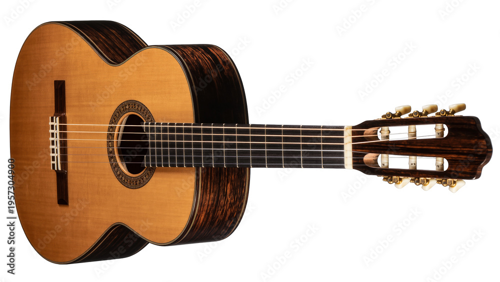 Obraz premium Side view of elegant classical acoustic guitar with beautiful wood and detailed craftsmanship