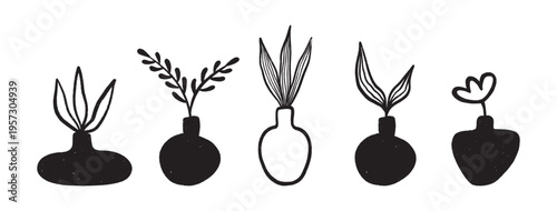 Crayon hand drawn vases of silhouettes and contour. Abstract organic pottery with leaves. Modern ceramic vessels and wine jars in minimalist style. Black vector illustration set for design projects.
