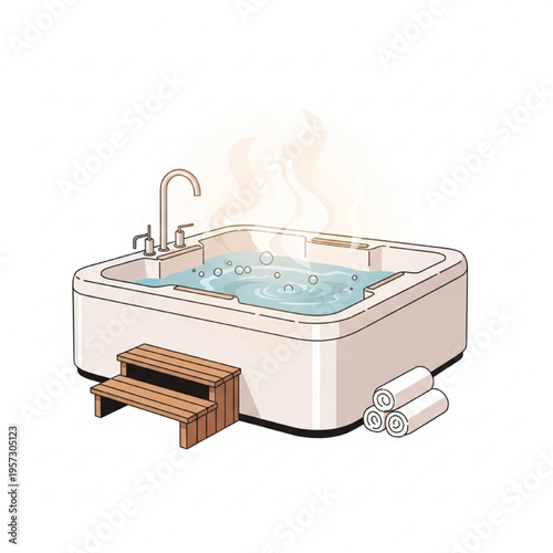 Steaming Hot Tub Vector Illustration, Relaxing Spa with Bubbles and Towels