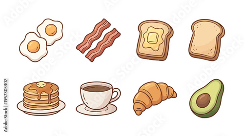 A delightful collection of classic breakfast elements and popular morning meal icons, perfect for illustrating food menus or healthy eating concepts with a charming, hand-drawn style