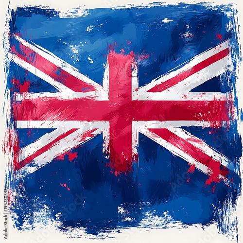 Distressed Union Jack flag with red paint splatters on textured blue background United Kingdom