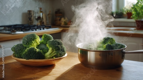 Home cooking: a bowl of broccoli and a steaming pot on the table. Green broccoli in a bowl and a simmering pot—the process of preparing healthy food.