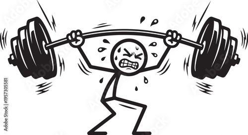 Humorous stick figure struggling to lift heavy barbell weights with great effort and sweat