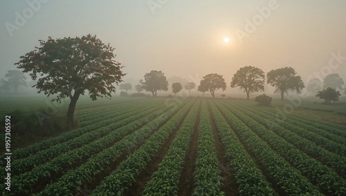 Morning fog over lush farmland with vibrant green crops and scattered trees under rising sun