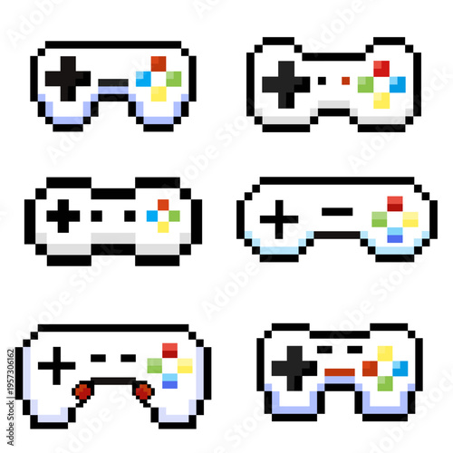 Set of diverse retro pixel art game controllers, featuring classic 8-bit video game console pads in various styles, ideal for vintage gaming themes and digital design assets