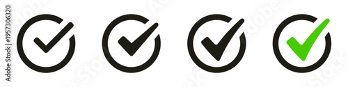 Checkmark icon set with approval and verification symbols. Circle tick symbols for completed tasks, verified accounts, validation, completion, and successful signs. web vector icons