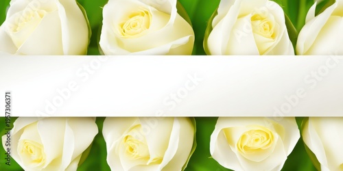 Row of White Roses with Yellow Centers and a Blank White Banner flowers floral