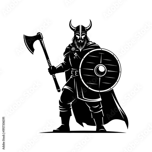 Viking Warrior with Axe and Shield in Black and White.