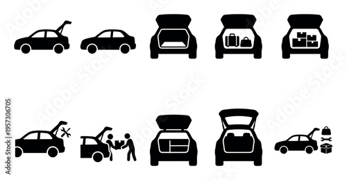 Collection of black and white icons depicting various car trunk scenarios including loading luggage, boxes, and tools, and people interacting with vehicles for transport or maintenance.