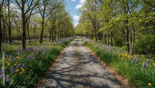 Tranquil gravel path through spring forest with wildflowers and fresh green foliage under blue sky
