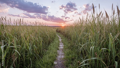 Narrow dirt path through tall green grass at sunset under scenic cloudy sky in summer countryside