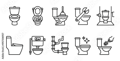 A collection of simple black line icons representing various toilet types, plumbing components, and cleaning actions on a white background.