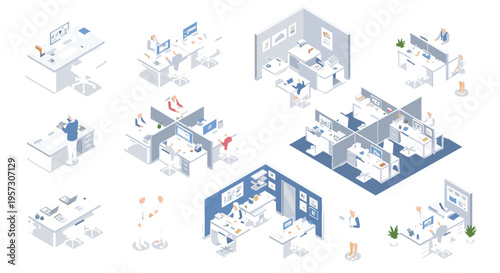 PrinMinimal isometric office workspace collection with employees, desks, meeting rooms and corporate environment vector illustration sett