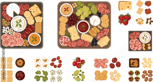 Charcuterie board collection with cheese, meats, fruits, nuts and crackers gourmet appetizer platter vector illustration set