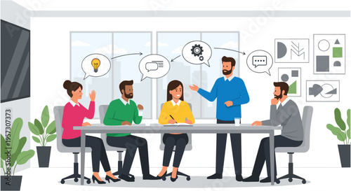Diverse team brainstorming meeting in modern office with creative ideas in bright colorful illustration for business