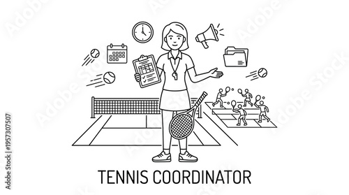 Tennis Coordinator with Court and Related Icons