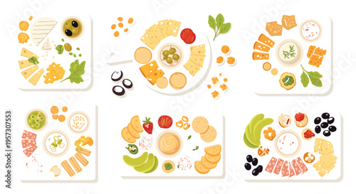 Cheese appetizer platter collection with crackers, fruits, olives and dips gourmet snack boards vector illustration set