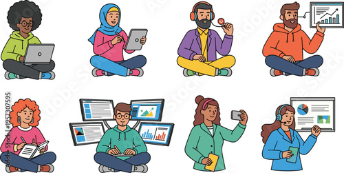 Diverse People Character Set Working with Laptops, Tablets, and Data Analytics for Remote Work, Online Education, Freelancing, and Digital Lifestyle Vector Illustrations