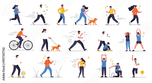Active lifestyle people collection with running, walking, cycling, exercising and daily activities healthy lifestyle vector illustration set