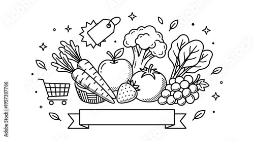 Healthy Grocery Shopping Fruits and Vegetables in Doodle Style
