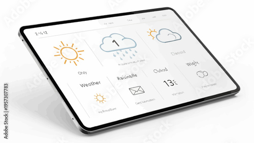 Tablet displaying weather app with sunny and rainy icons on clean interface