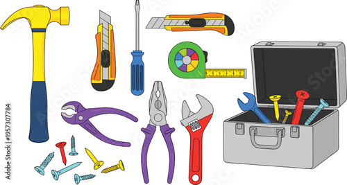 Hardware Hand Tool Icon Set with Hammer, Pliers, Screwdriver, Wrench, Tape Measure, Utility Knife, Toolbox, and Colorful Screws for DIY Home Improvement Projects