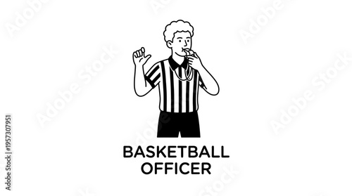 Basketball Officer Gesturing with Whistle Black and White