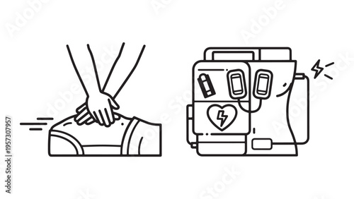 Automated External Defibrillator AED Usage Demonstration Showing Emergency Cardiac Resuscitation Procedure Vector Illustration