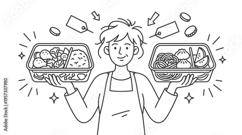 Smiling Person Holding Two Takeout Meals Food Delivery Concept