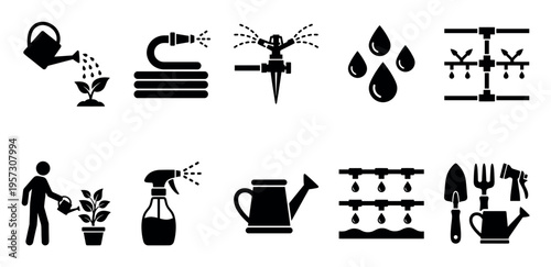 A collection of black icons representing various gardening tools and watering methods, including watering cans, hoses, sprinklers, and drip irrigation systems for use in agriculture and horticulture.