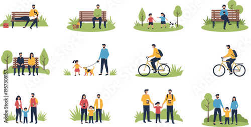 Family outdoor activities collection with parents, children, cycling, walking and park scenes happy lifestyle vector illustration set