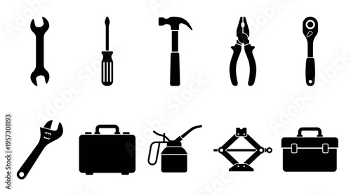 A collection of black silhouette icons featuring various tools like wrenches, screwdrivers, a hammer, pliers, and a ratchet, alongside equipment such as toolboxes, a jack, and an oil can.