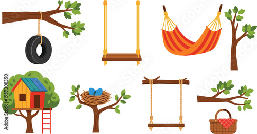 Outdoor Backyard Recreation Icon Set Featuring Tree House, Tire Swing, Wooden Hammock, Bird Nest, and Picnic Basket for Summer Family Activity Designs