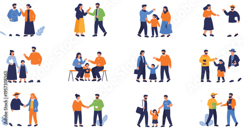 People interaction scenes collection with couples, families, parents and children communication and social relationships vector illustration set