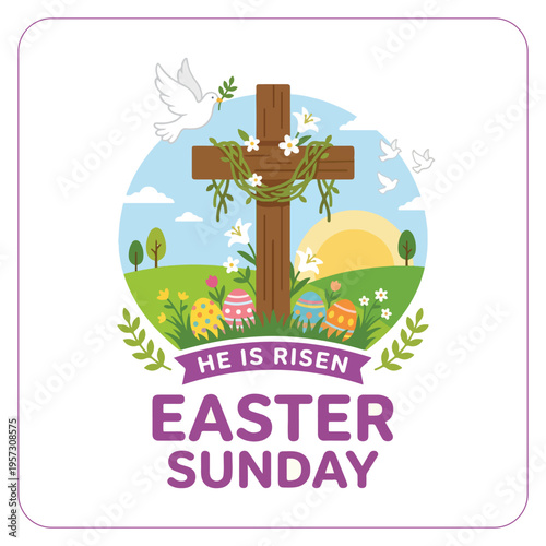 Easter Sunday Vector Illustration with Christian Cross, Spring Flowers and Eggs on White Background