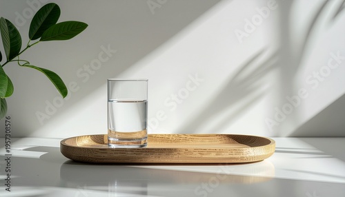 Wooden tray with empty glass and soft shadow minimal lifestyle