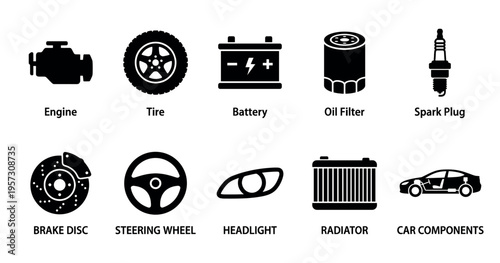 A collection of black vector icons representing various automobile components on a white background, perfect for automotive industry visuals.