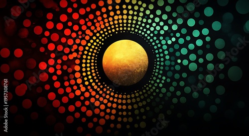 Swirling vortex of colorful dots with a golden orb in the center abstract background