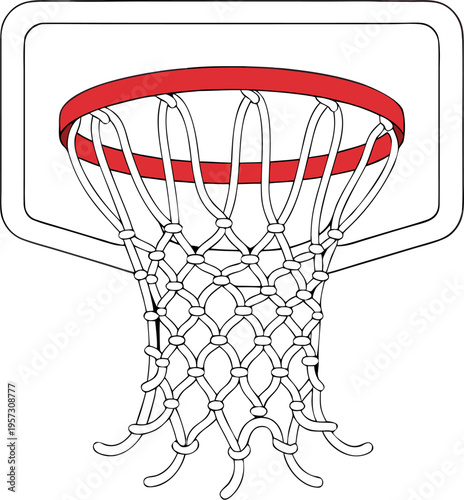 A basketball hoop with a red rim and white net