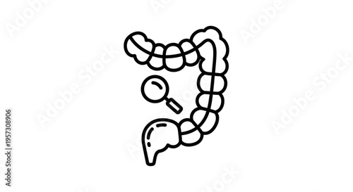 Colonoscopy icon with magnifying glass, symbol of digestive health check and medical examination