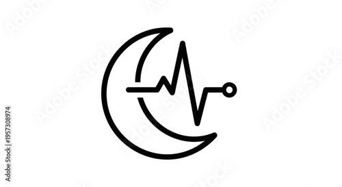 Crescent moon with heartbeat line, symbolizing sleep, rest, and health