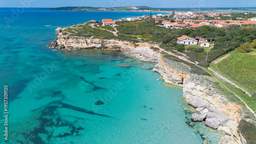 Photos Turquoise sea and cliffs of S’Arena Scoada San Vero Milis Sardinia aerial view