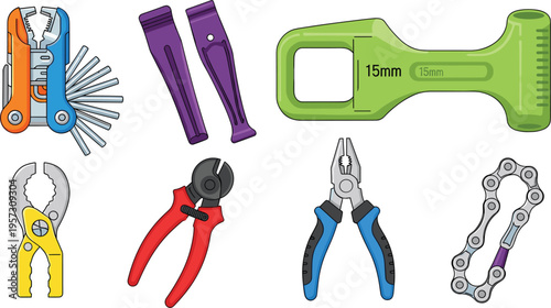 Bicycle Repair Tool Set Featuring Multitool, Tire Levers, 15mm Wrench, Pliers, Wire Cutters, and Bike Chain Link for Professional Maintenance and Workshop Mechanics