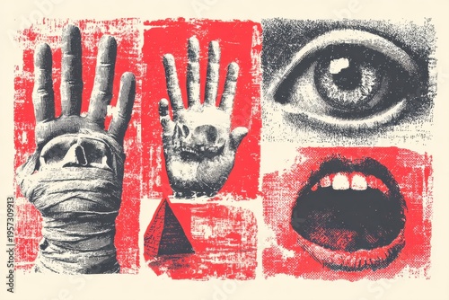 Surreal Collage of Mummy Face, Skull Hand, Eye, Open Mouth, and Pyramid bandages