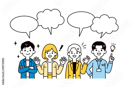 ポジティブな表情でコメントする、若い複数のビジネスパーソンの上半身ベクターイラスト素材