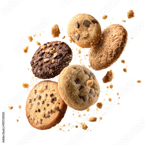 A collection of cookies floating in the air on transparent background