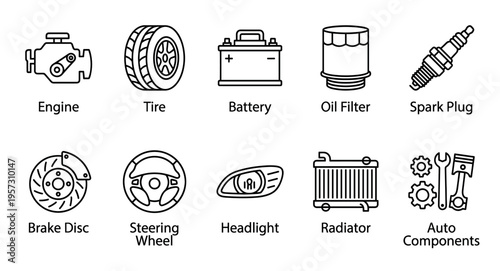 A clean line art collection of various car auto parts including an engine, tire, battery, oil filter, spark plug, brake disc, steering wheel, headlight, and radiator.