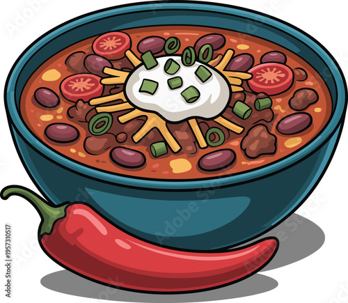 Bowl of Chili with Sour Cream and Chili Pepper